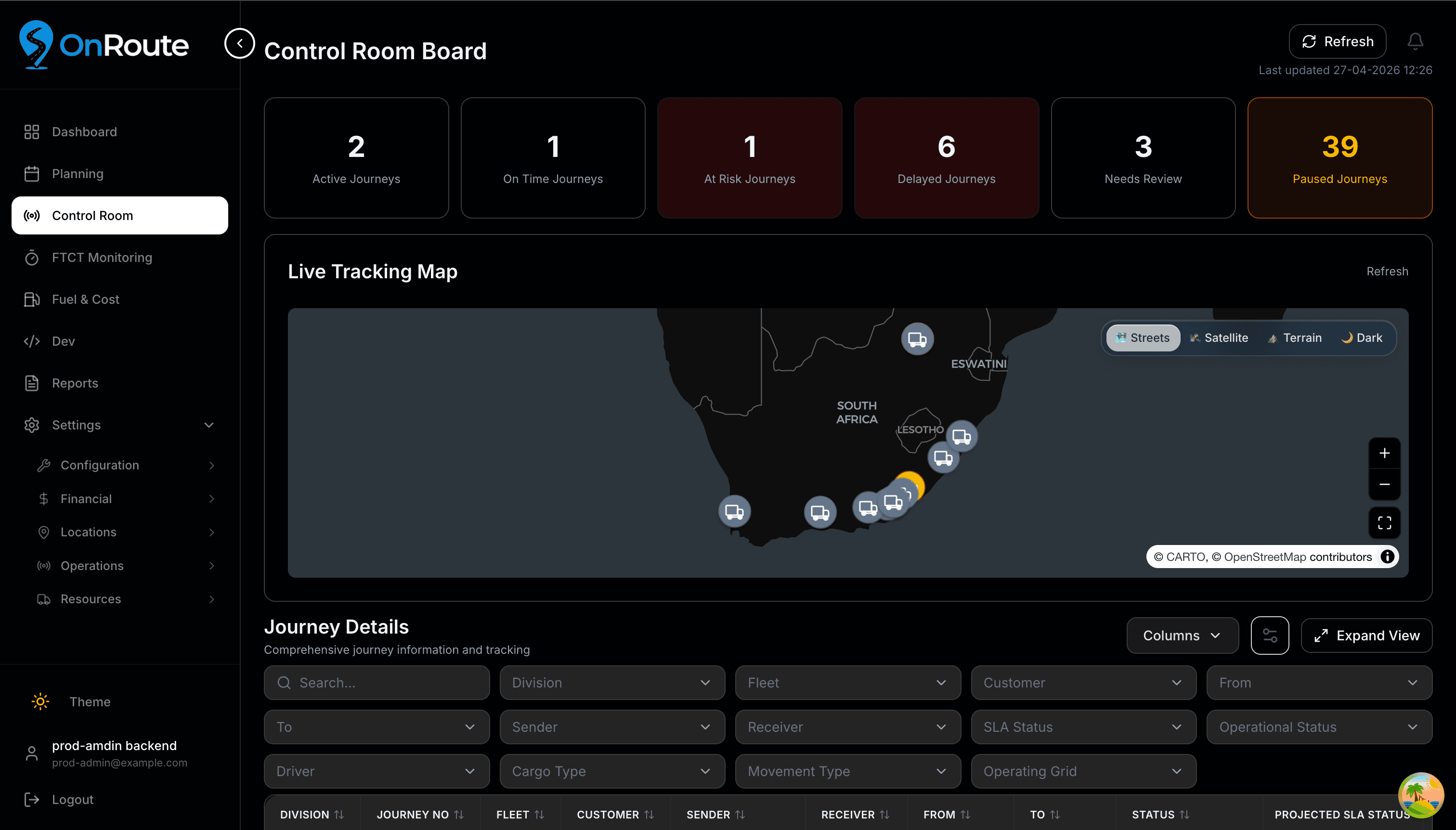 OnRoute Web Control Room — annotated with the four steps that close every journey
