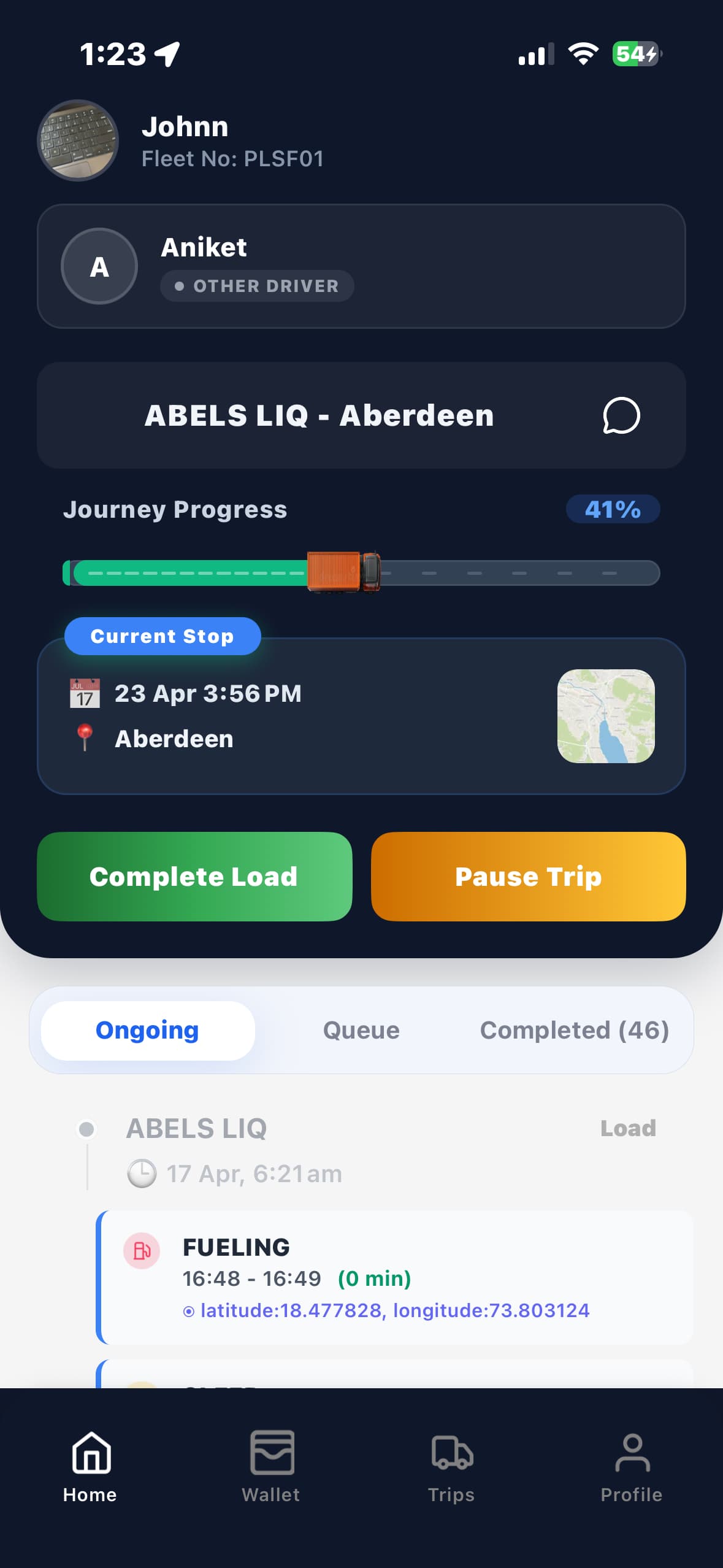 OnRoute driver app — Johnn driving ABELS LIQ → Aberdeen leg, 41% complete, with co-driver visible and one-tap Complete Load CTA
